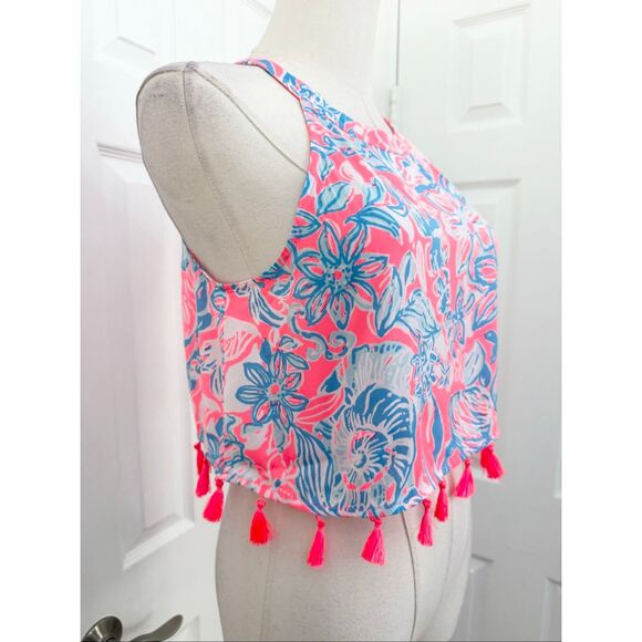 Lilly Pulitzer Womens Pink Sun Ray Siren Print Tassels Selina Crop Top Size 0 - Picture 2 of 6